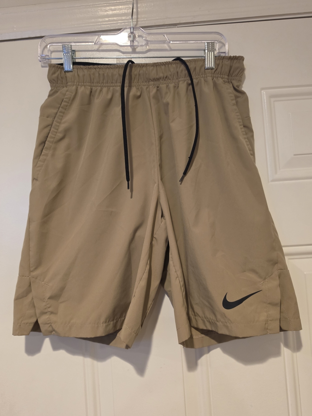 Nike Tan Athletic Shorts with Black Drawcord and Swoosh